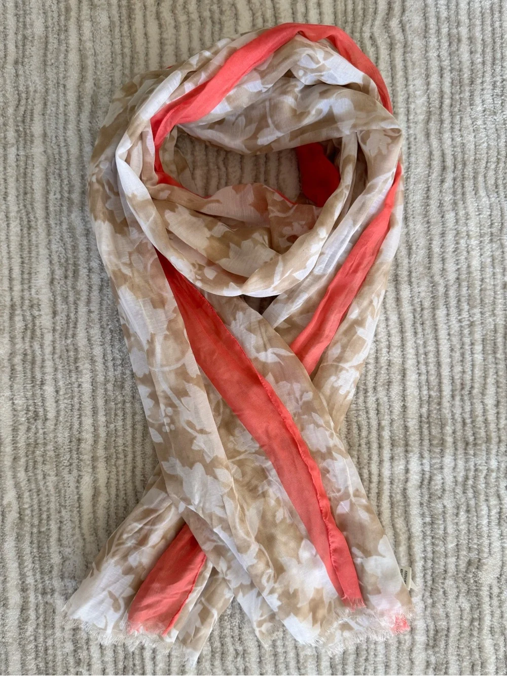 Banana Republic Beige Floral Scarf with Coral Trim